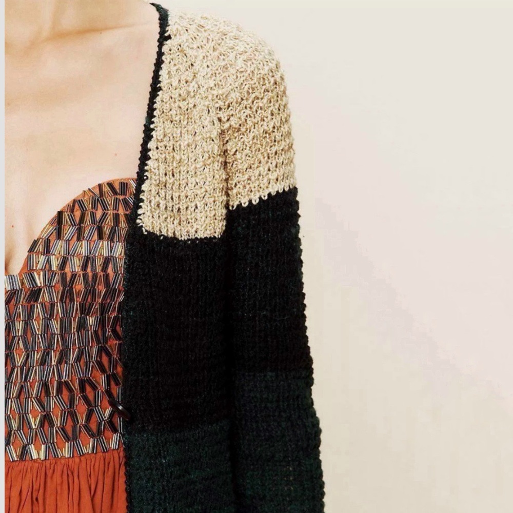 Free People rugby black green tan colorblock V-neck button up cardigan sweater - Picture 3 of 10